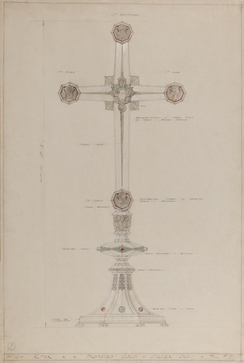 Főoltár: javasolt arany és ezüst kereszt, 5 láb magas (ceruza, tinta, ecset, wc, ezüst és arany festék a szürke kártyán) alkotó: A. Edward Jones and Co.