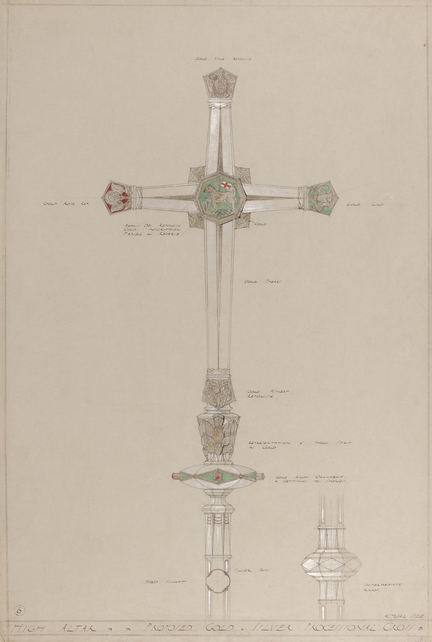 Főoltár: javasolt arany és ezüst körmeneti kereszt, tényleges méret (ceruza, tinta, ecset, wc, ezüst és arany festék a szürke kártyán) alkotó: A. Edward Jones and Co.