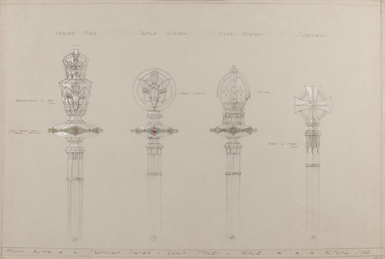 Főoltár: javasolt arany és ezüst dongák és buzogányok, tényleges méret (ceruza, tinta, ecset, wc és ezüst festék a szürke kártyán) alkotó: A. Edward Jones and Co.