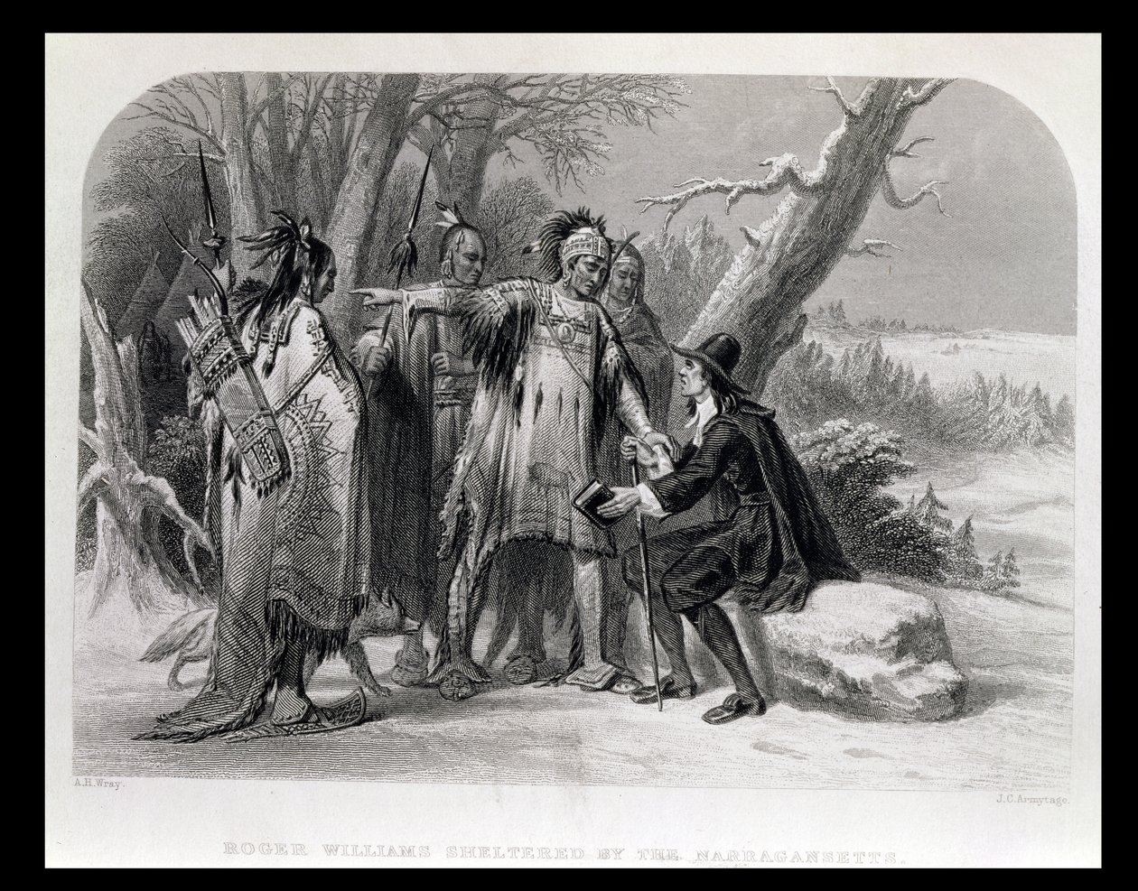 Roger Williams, a Narragansetts menedékhelye, 1636, „The History of the United States”, 1. kötet. Én, Charles Mackay, metszett James Charles Armytage (kb. 1820-97) alkotó: A. H. Wray