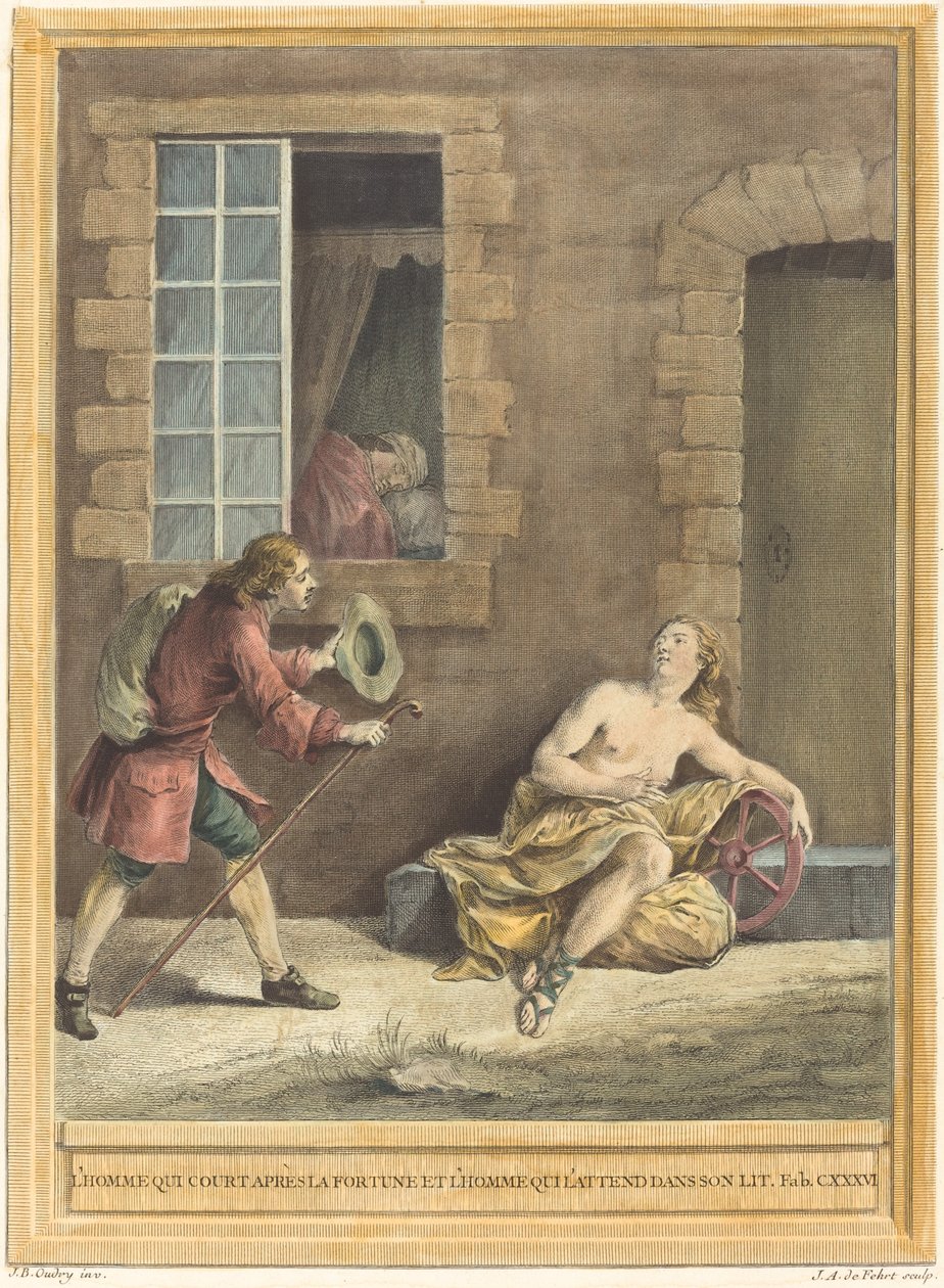 Az ember, aki udvarol a szerencsének, és az ember, aki az ágyban alszik alkotó: A. J. de Fehrt after Jean Baptiste Oudry