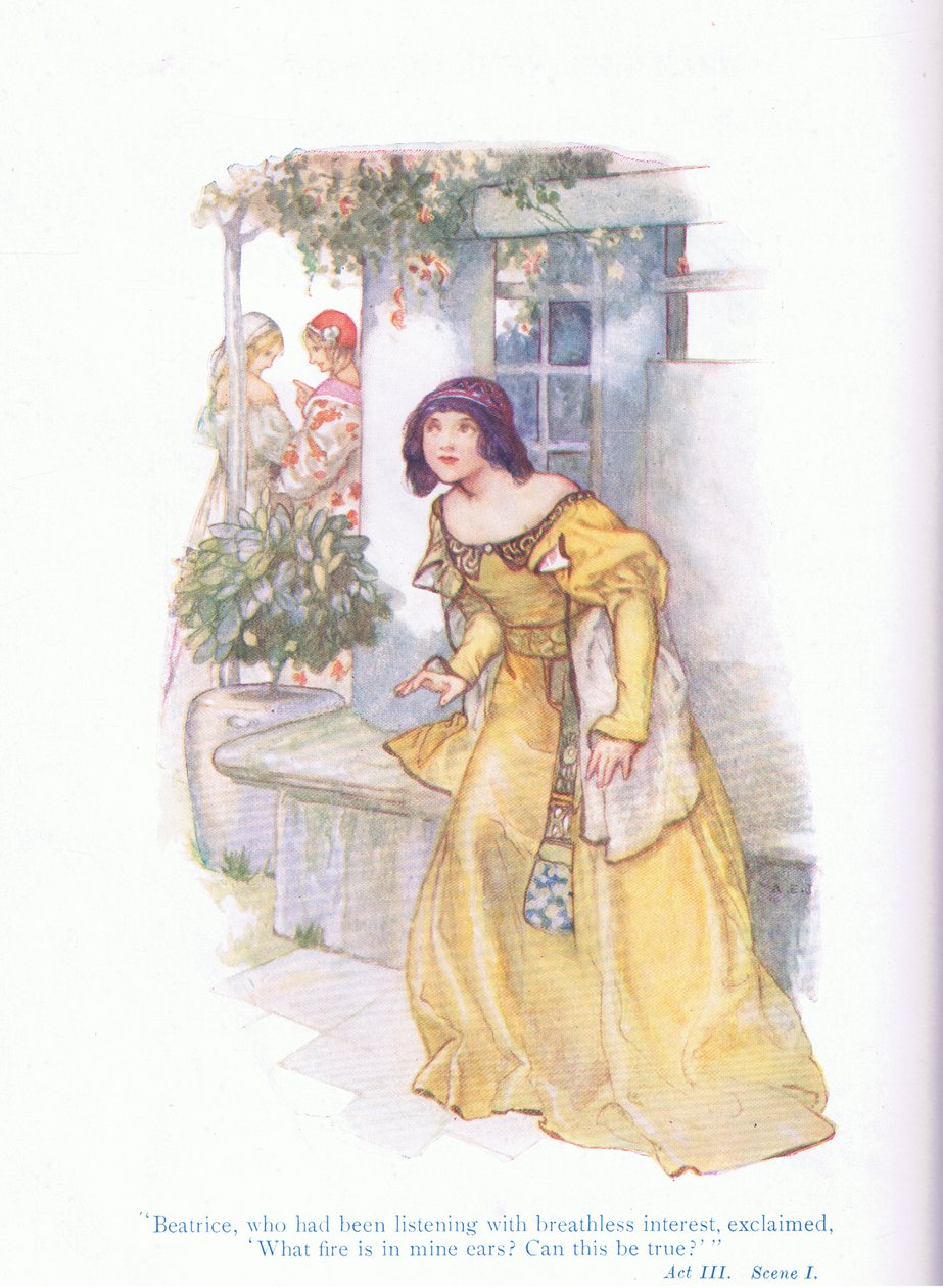 Beatrice, aki lélegzet-visszafojtott érdeklődéssel hallgatta, felkiáltott: "Milyen tűz van a fülemben, igaz lehet ez?" (Sok zsivaj a semmiért), a Tales from Shakespeare pubból. a Ward Lock & Co Ltd alkotó: A. Jackson
