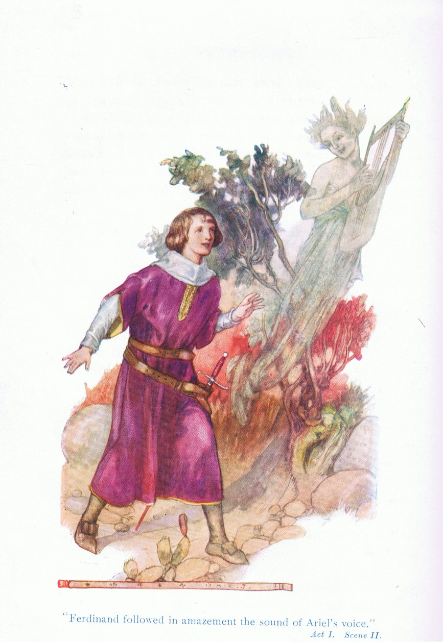 Ferdinánd csodálkozva követte Ariel hangját (The Tempest), a Tales from Shakespeare pubból. a Ward Lock & Co Ltd alkotó: A. Jackson