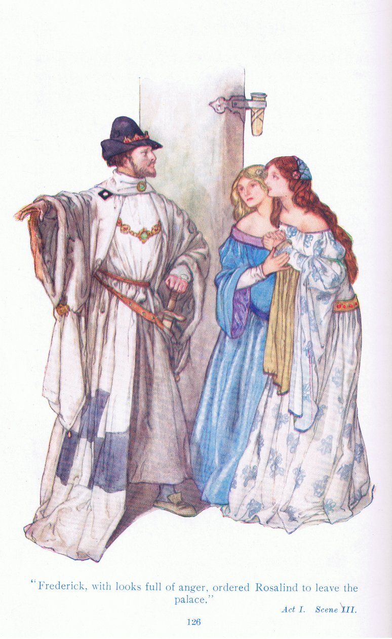 Frederick dühös tekintettel megparancsolta Rosalindnak, hogy hagyja el a palotát (As You Like It), a Tales from Shakespeare pubból. a Ward Lock & Co Ltd alkotó: A. Jackson