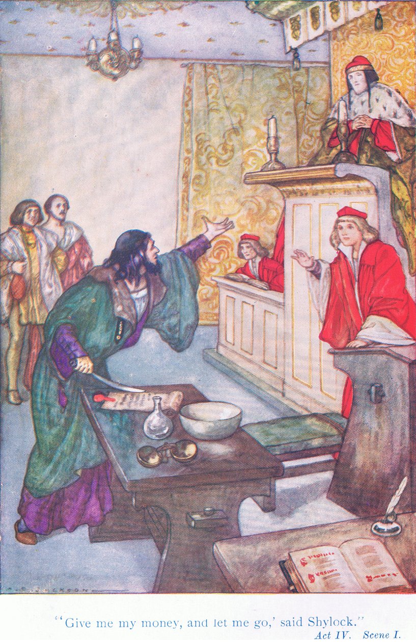 „Add a pénzemet, és engedj el” – mondta Shylock (A velencei kereskedő), a Tales from Shakespeare pubból. a Ward Lock & Co Ltd alkotó: A. Jackson