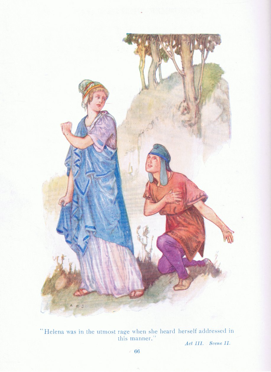 Helena a legnagyobb dühbe gurult, amikor meghallotta, hogy így szólítják meg magát (Szeniáni éjszakai álom), a Tales from Shakespeare kocsmából. a Ward Lock & Co Ltd alkotó: A. Jackson