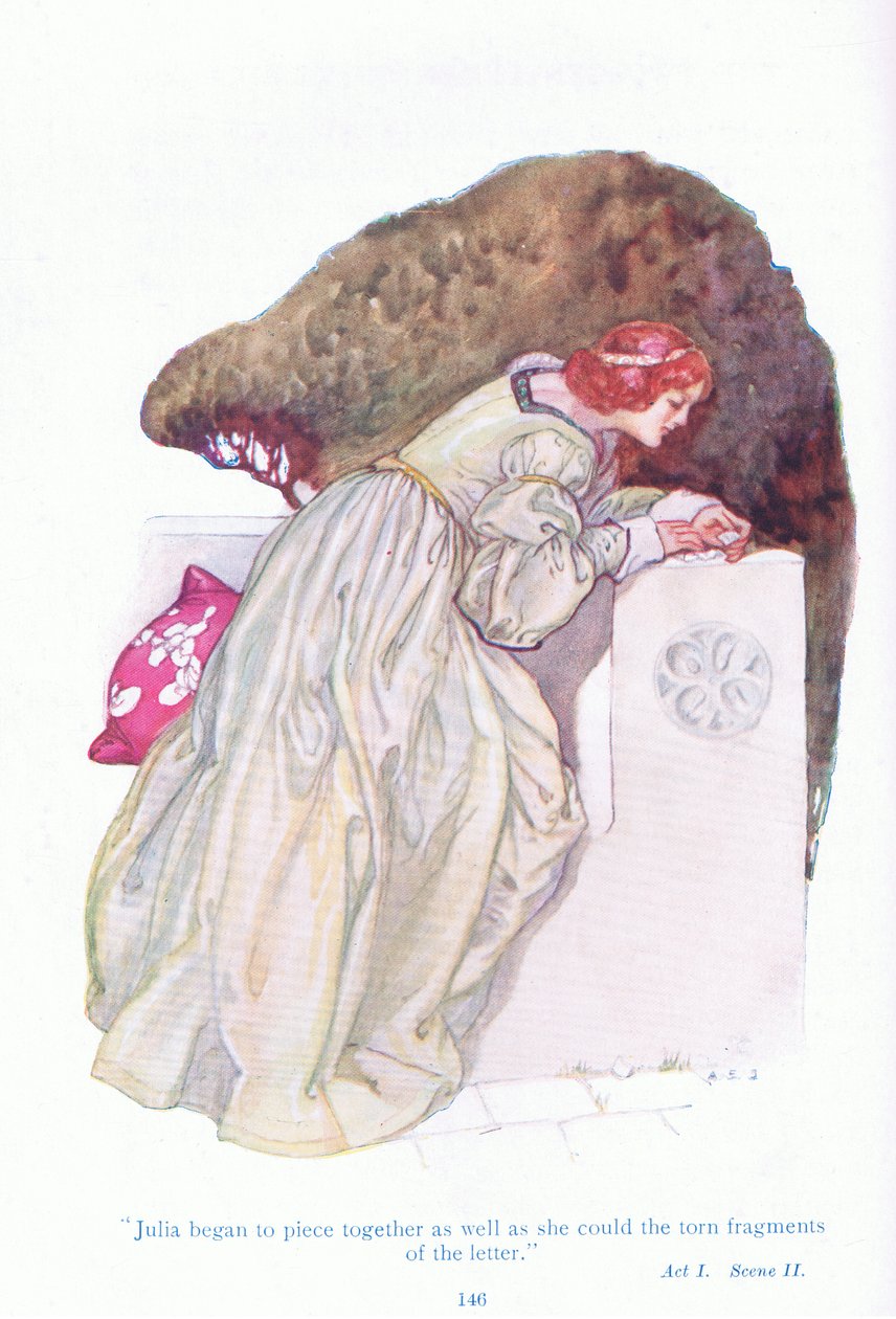Julia a lehető legjobban kezdte összerakni a levél (Two Gentlemen of Verona) széttépett töredékeit a Tales from Shakespeare kocsmából. a Ward Lock & Co Ltd alkotó: A. Jackson