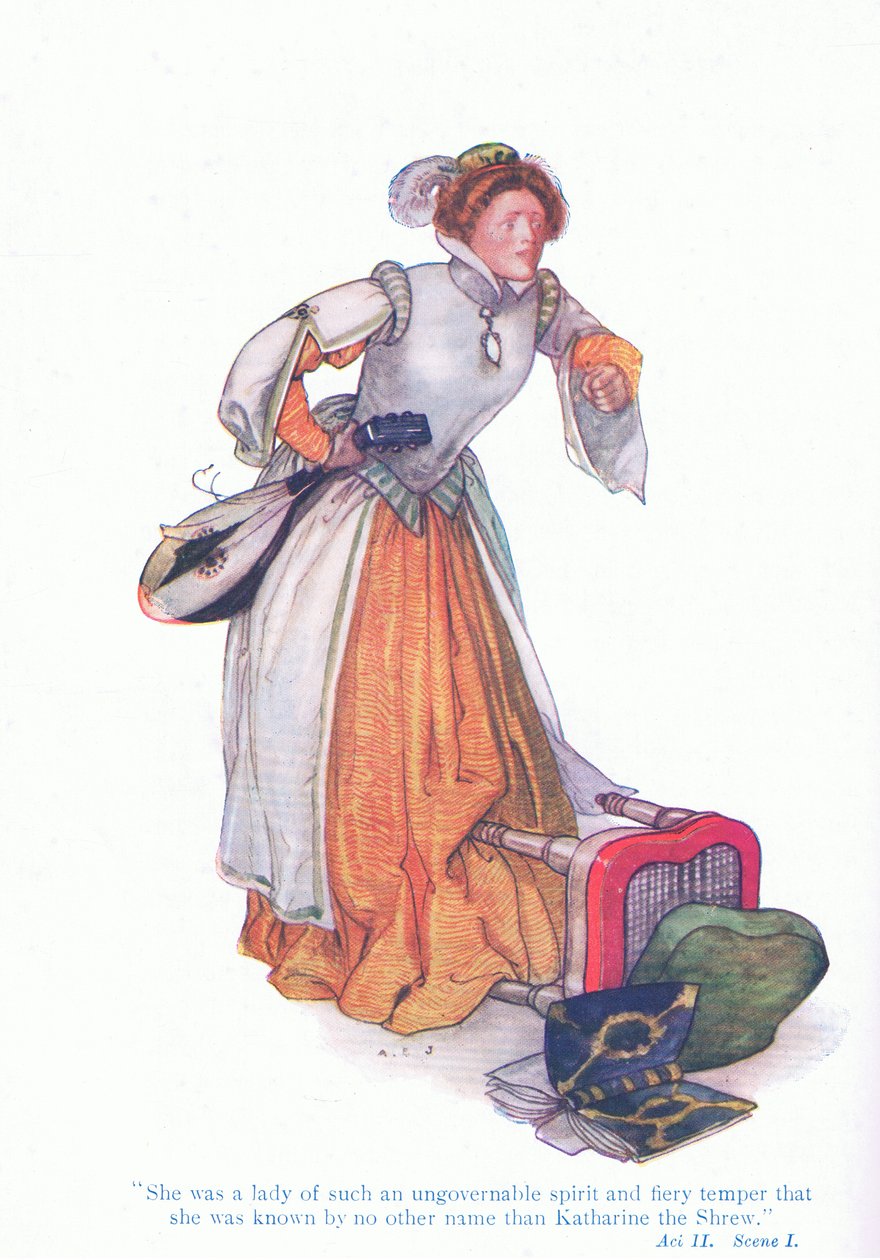 Katherine kormányozhatatlan szellemű és tüzes kedélyű hölgy volt (The Taming of the Shrew), a Tales from Shakespeare pubból. a Ward Lock & Co Ltd alkotó: A. Jackson