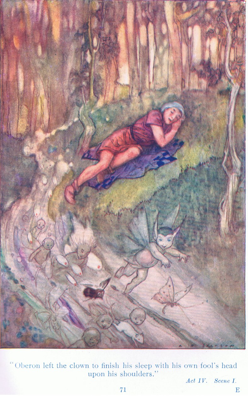 Oberon otthagyta a bohócot, hogy bolond fejével a vállán fejezze be az álmát (Szeniváni éjszakai álom), a Tales from Shakespeare kocsmából. a Ward Lock & Co Ltd alkotó: A. Jackson