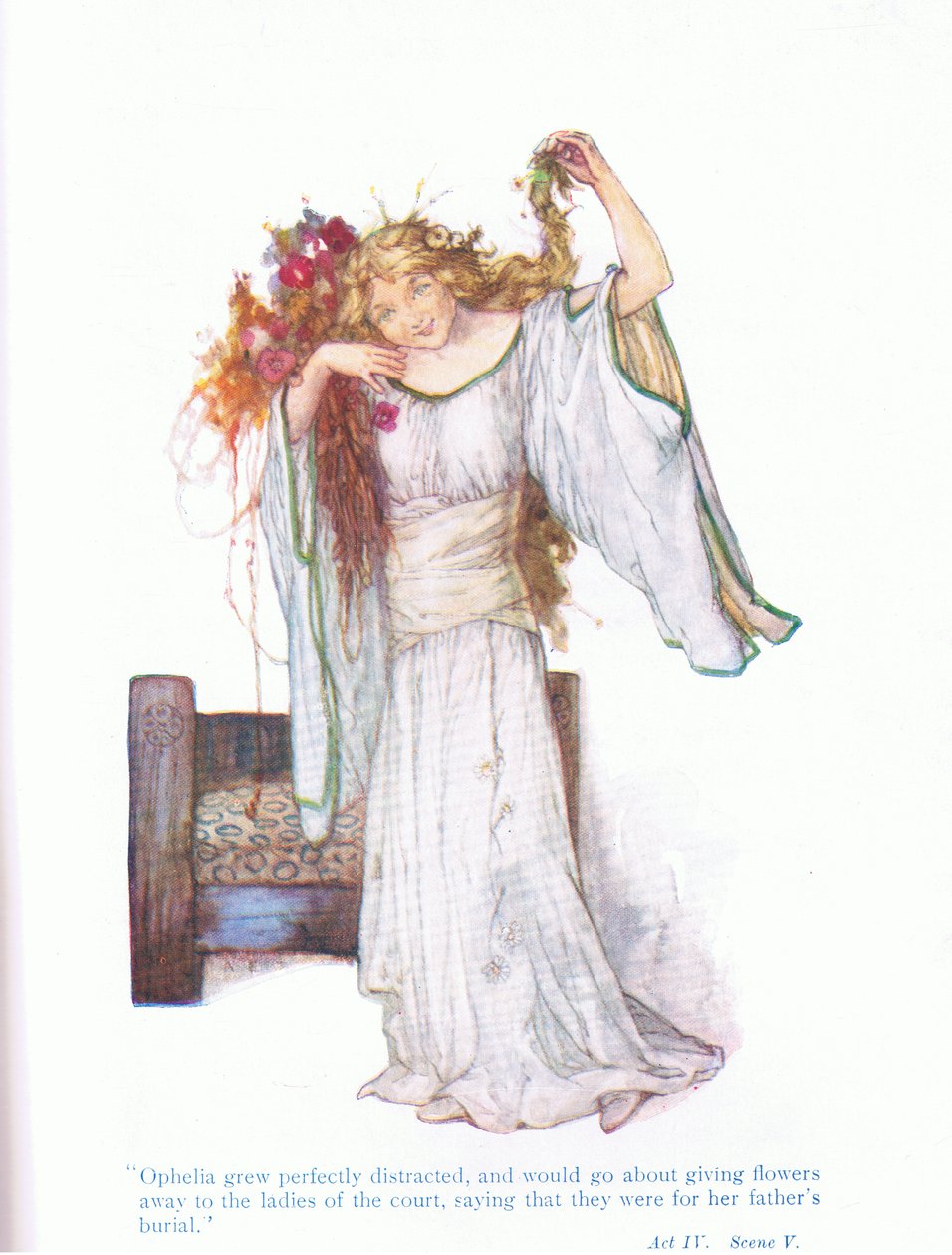 Ophelia teljesen elterelte a figyelmét, és az udvarhölgyeknek (Hamlet) ajándékozta a Tales from Shakespeare kocsmából. a Ward Lock & Co Ltd alkotó: A. Jackson
