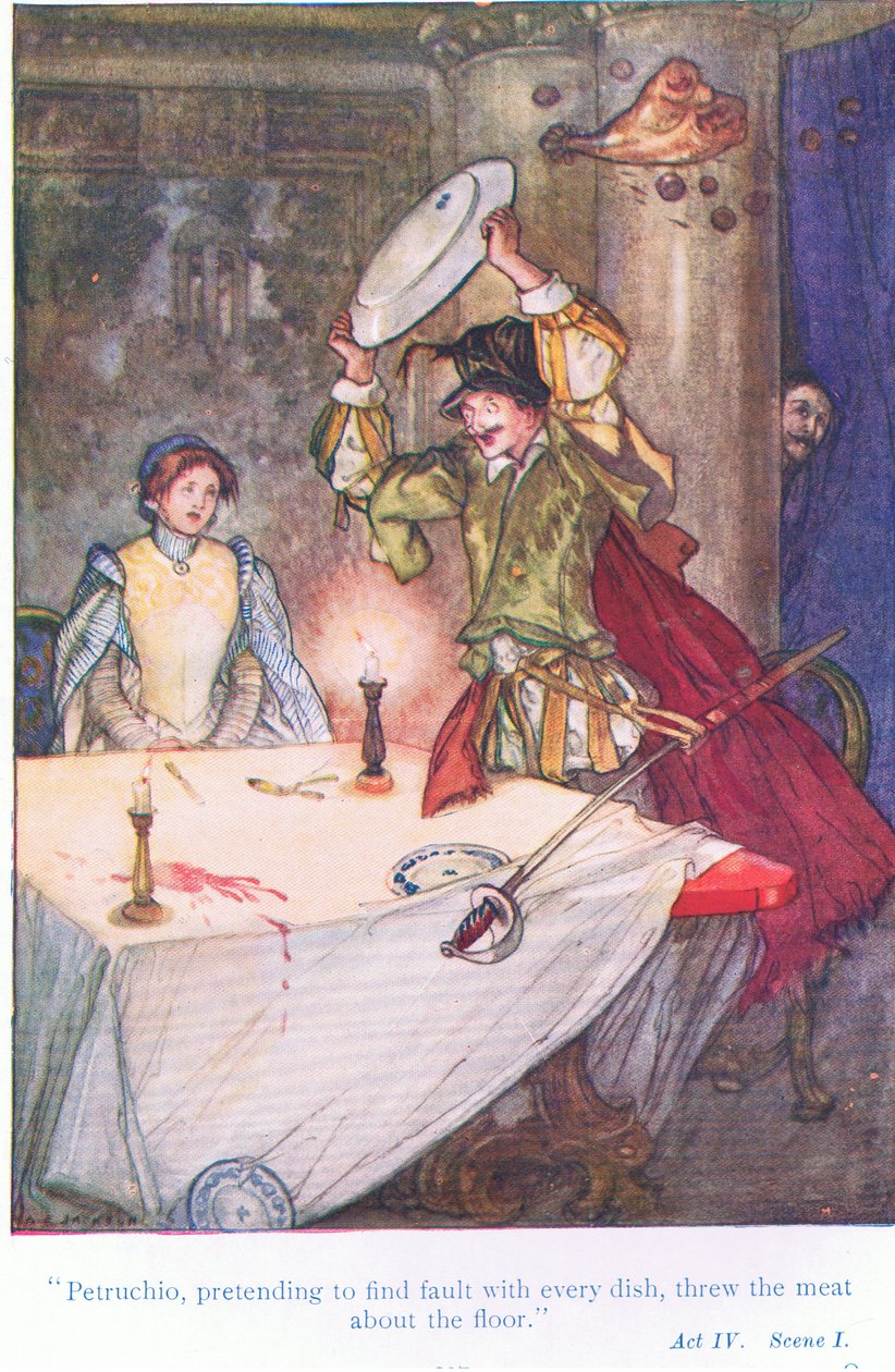 Petruchio úgy tett, mintha minden ételben hibát találna, a Tales from Shakespeare kocsmából a földre dobta a húst (a szelídítés). a Ward Lock & Co Ltd alkotó: A. Jackson