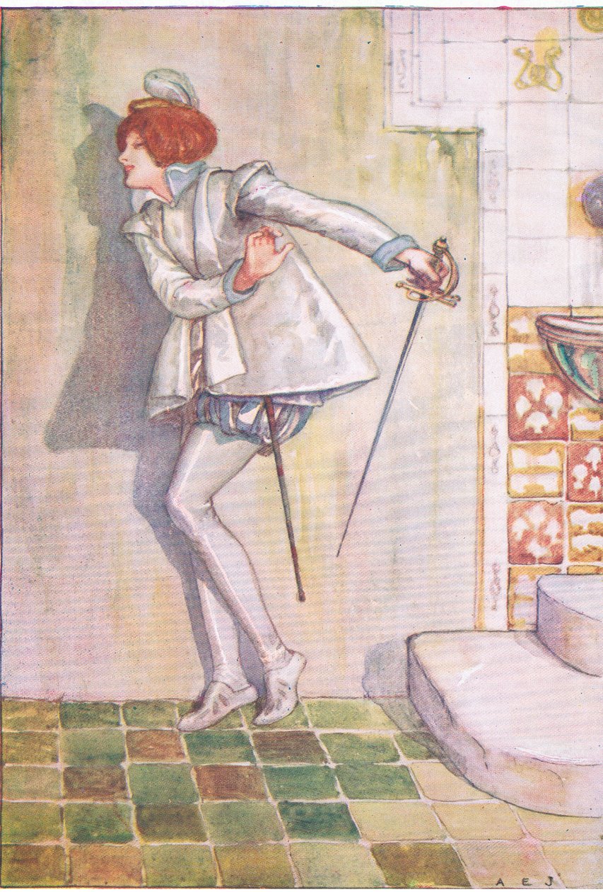 Szegény Viola félve néz a kardjára (Tizenkettedik éjszaka), a Tales from Shakespeare pubból. a Ward Lock & Co Ltd alkotó: A. Jackson