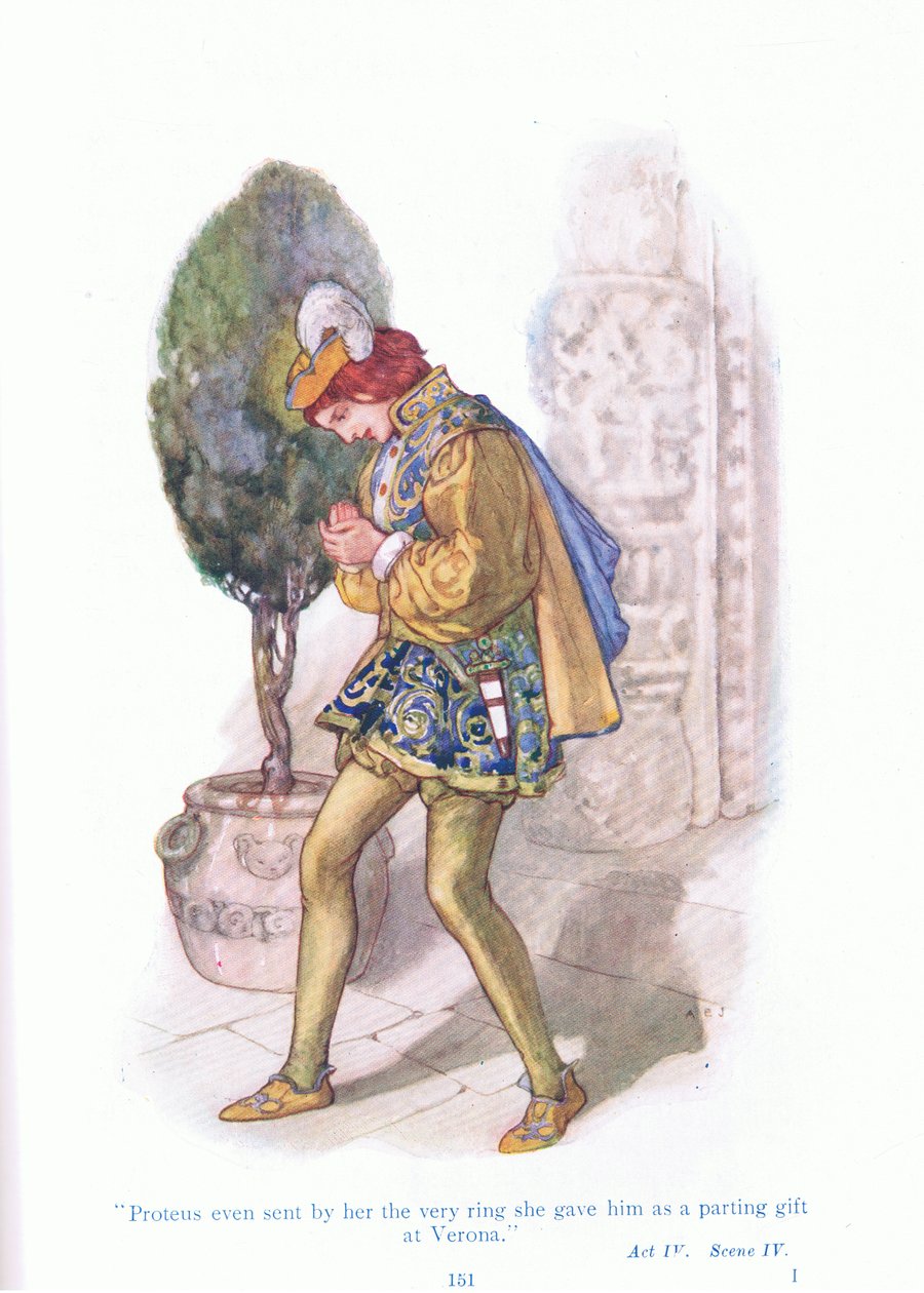 Proteus még azt a gyűrűt is elküldte, amit Veronában kapott búcsúajándékba (Two Gentlemen of Verona), a Tales from Shakespeare kocsmából. a Ward Lock & Co Ltd alkotó: A. Jackson