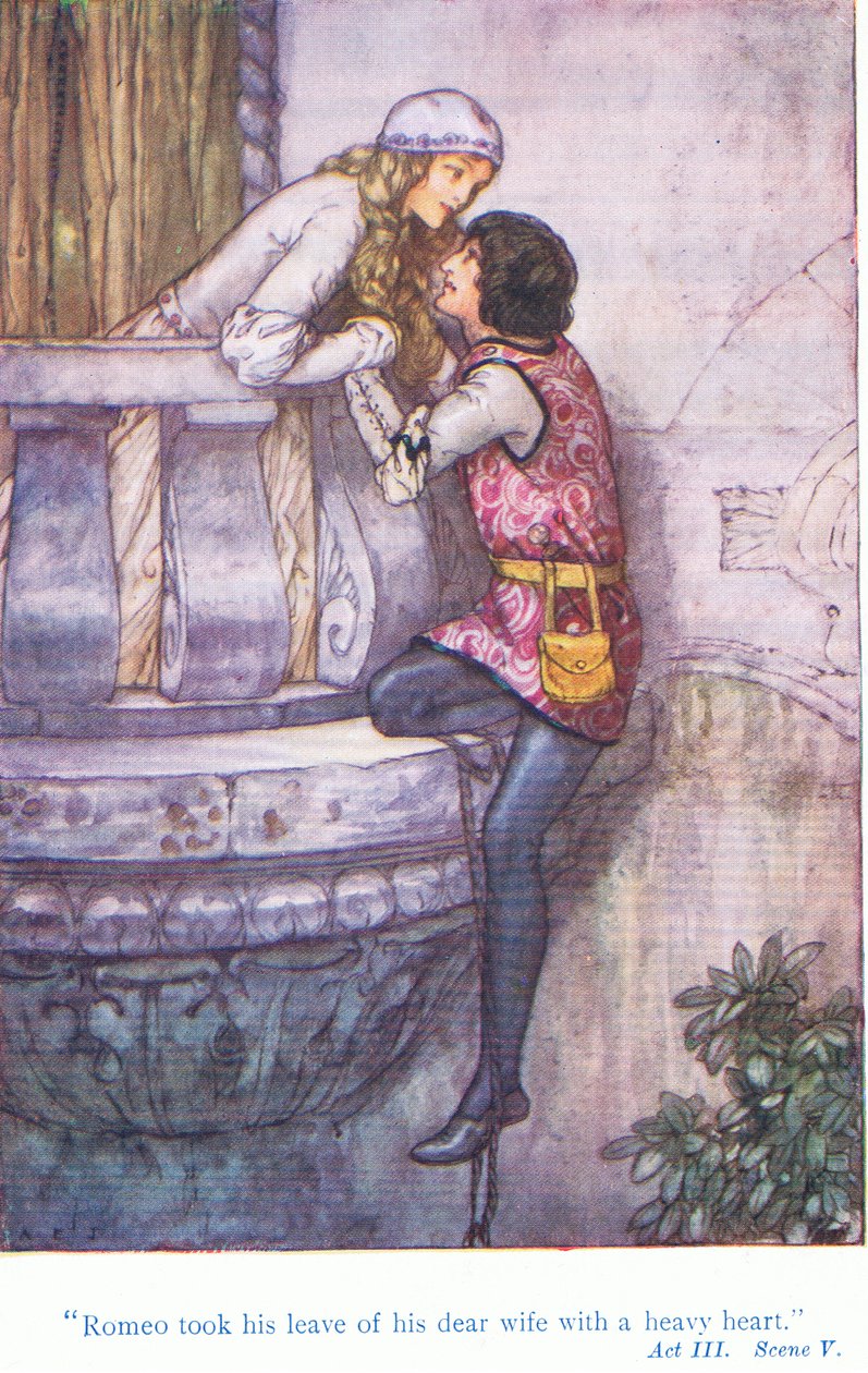 Rómeó nehéz szívvel búcsúzott kedves feleségétől (Rómeó és Júlia), a Tales from Shakespeare pubból. a Ward Lock & Co Ltd alkotó: A. Jackson