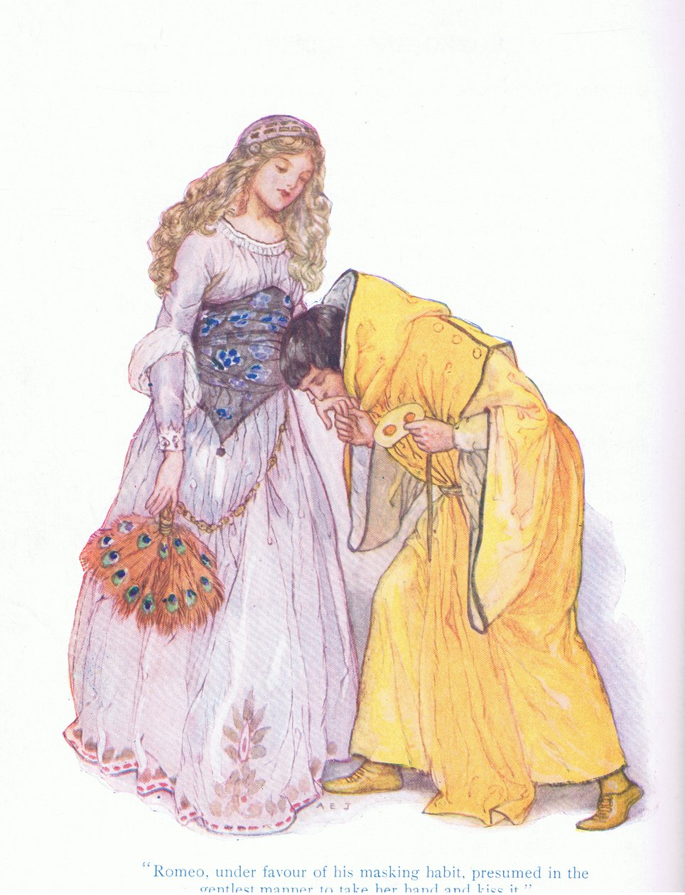 Rómeó maszkolási szokásának kedvében, a legszelídebb módon azt feltételezte, hogy megfogja és megcsókolja a kezét (Rómeó és Júlia), a Tales from Shakespeare pubból. a Ward Lock & Co Ltd alkotó: A. Jackson