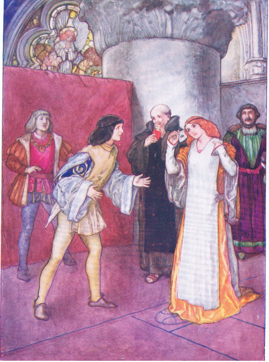 Az ismeretlen hölgy maszkját levéve nem unokahúgnak bizonyult (ahogy azt bemutatta) maga a hős hölgy (Much Ado About Nothing), a Tales from Shakespeare pubból. a Ward Lock & Co Ltd alkotó: A. Jackson