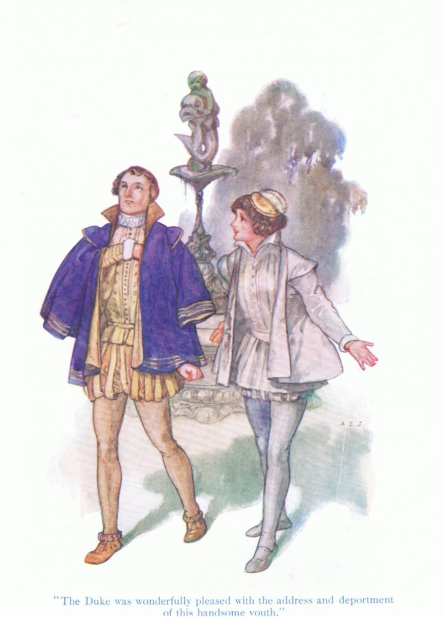 A herceg csodálatosan örült ennek a szép ifjúnak (Tizenkettedik éjszaka) a Tales from Shakespeare kocsmából származó megszólítása és viselkedése. a Ward Lock & Co Ltd alkotó: A. Jackson