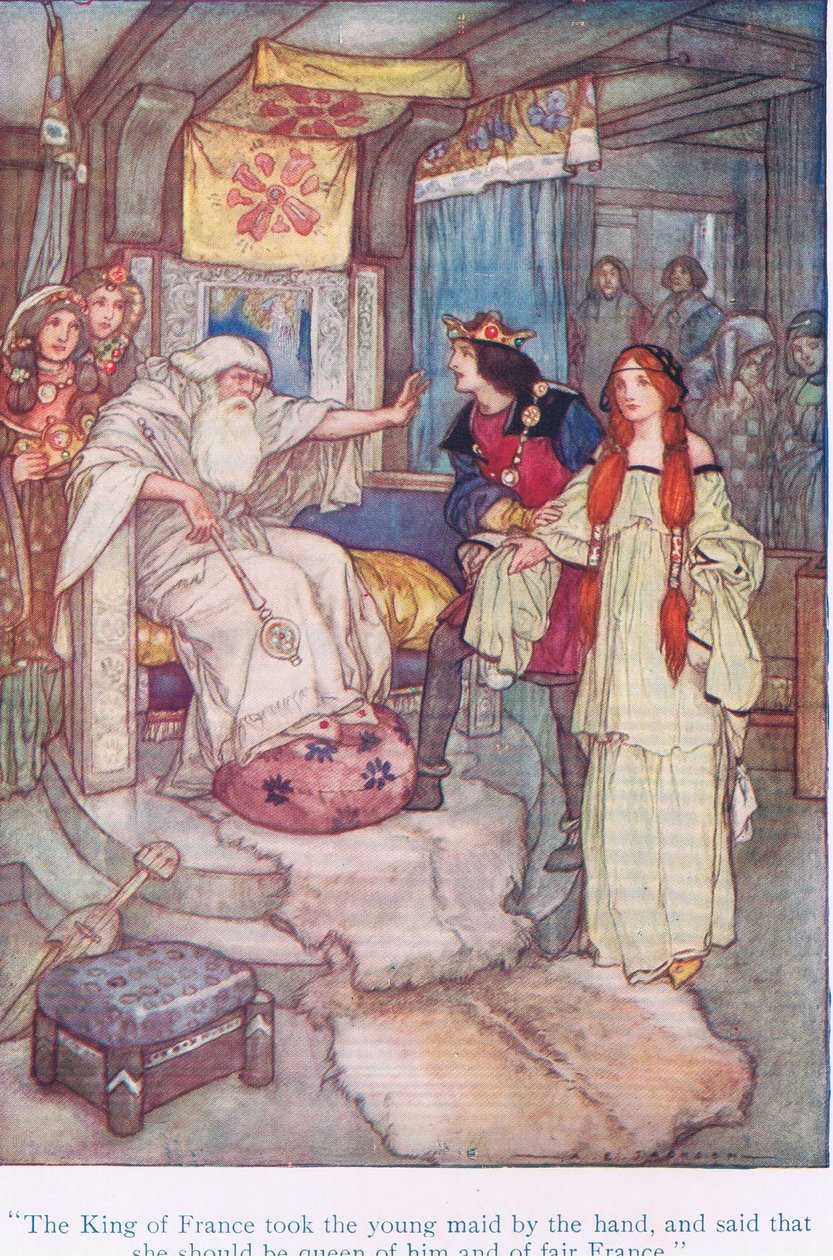A francia király kézen fogta a fiatal szobalányt, és azt mondta, hogy ő legyen a királyné és a szép Franciaország (Lear király), a Tales from Shakespeare kocsmából. a Ward Lock & Co Ltd alkotó: A. Jackson
