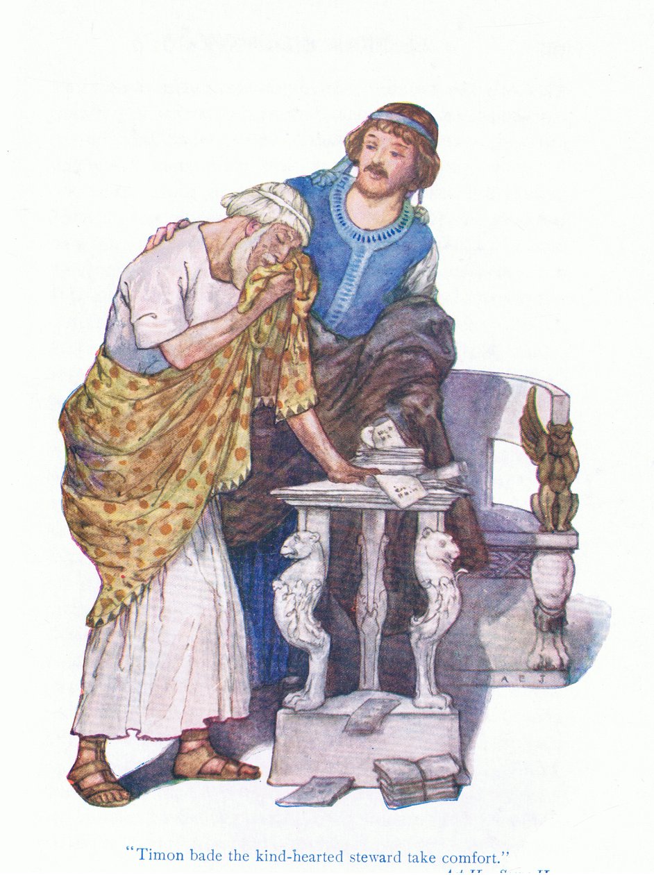 Timon megvigasztalta a jószívű intézőt (Athéni Timon), a Tales from Shakespeare pubból. a Ward Lock & Co Ltd alkotó: A. Jackson