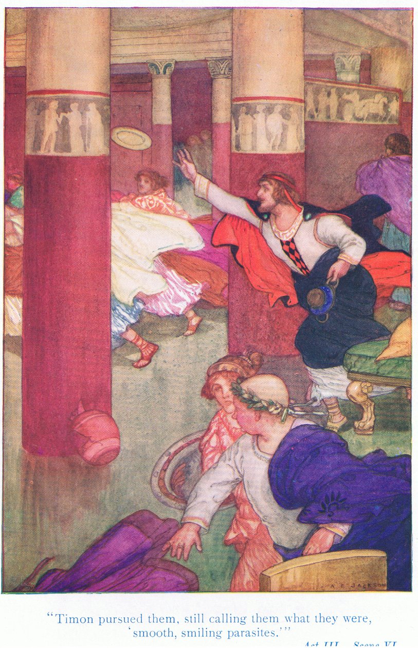 Timon üldözőbe vette őket, még mindig sima, mosolygós élősködőknek nevezte őket (Athéni Timon), a Tales from Shakespeare pubból. a Ward Lock & Co Ltd alkotó: A. Jackson