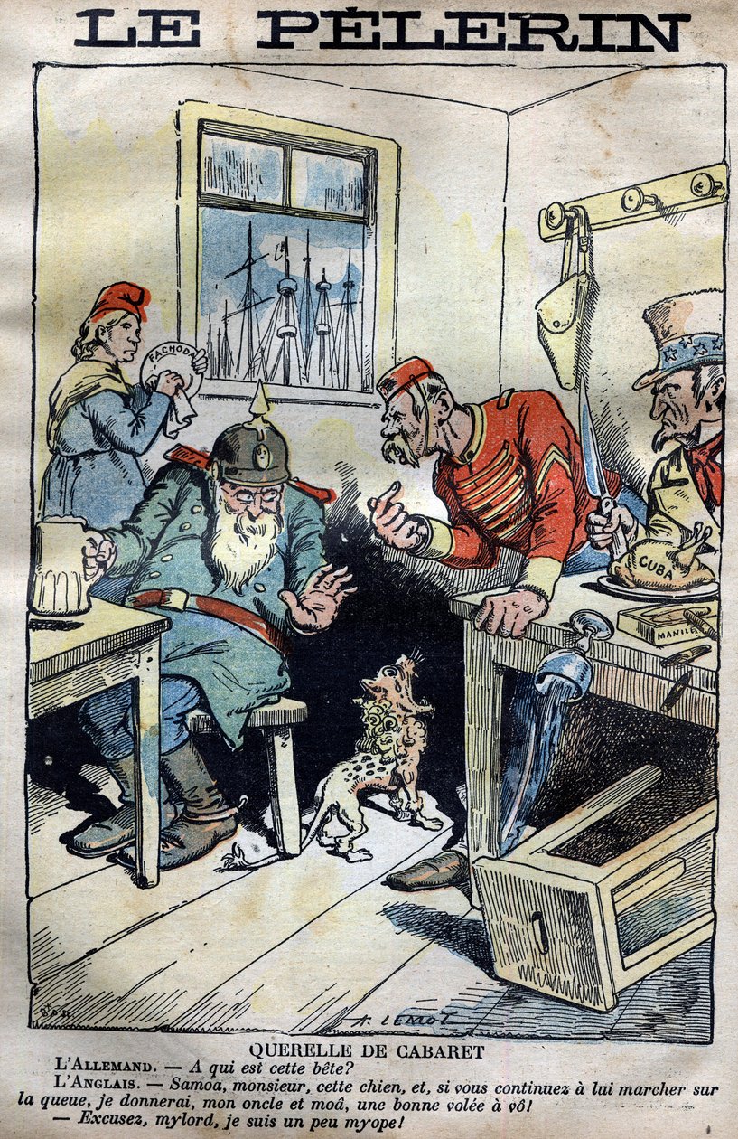 Cabaret Querelle: Karikatúra Anglia, Németország, Franciaország és az Egyesült Államok közötti gyarmati háborúról az afrikai fachodai helyzet körül. Lemot metszet a „” le Pelerin”-ben, 1899. április 23. (A fachodai válság: súlyos diplomáciai incidens alkotó: A Lemot