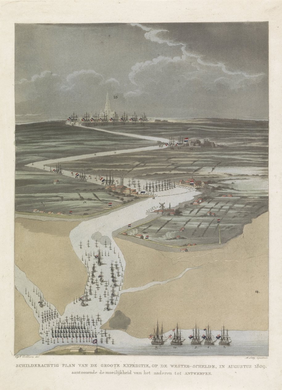 Brit expedíció Antwerpenbe, 1809 A nagy expedíció festői terve a nyugati Scheldten 1809 augusztusában, amely bemutatja Antwerpen megközelítésének nehézségeit (cím a tárgyon) alkotó: A. Lutz