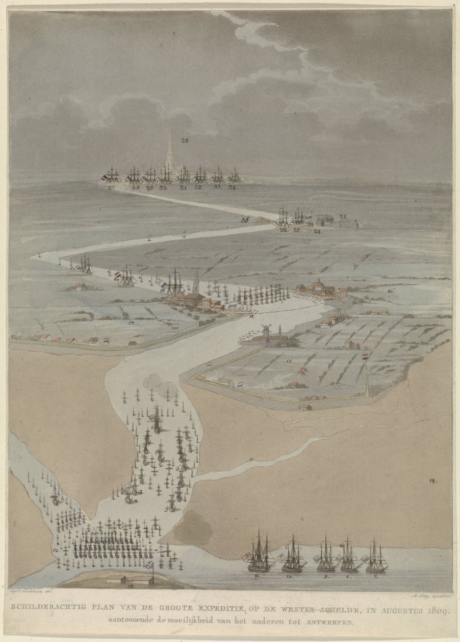 Madártávlat a Western Scheldtről angol, holland és francia flottákkal, 1809 A nagy expedíció festői terve a Western Scheldten 1809 augusztusában (cím a tárgyon) alkotó: A. Lutz
