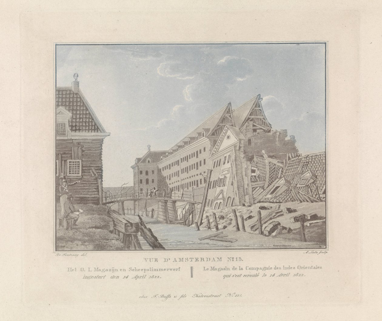 Kilátás az összeomlott kelet-indiai tengeri raktárról Amszterdamban, 1822 Az O.I. Raktár és hajógyár / Le Magasin de la Compagnie des Indes Orientales (cím a tárgyon) Amszterdam kilátásai (sorozat címe) alkotó: A. Lutz