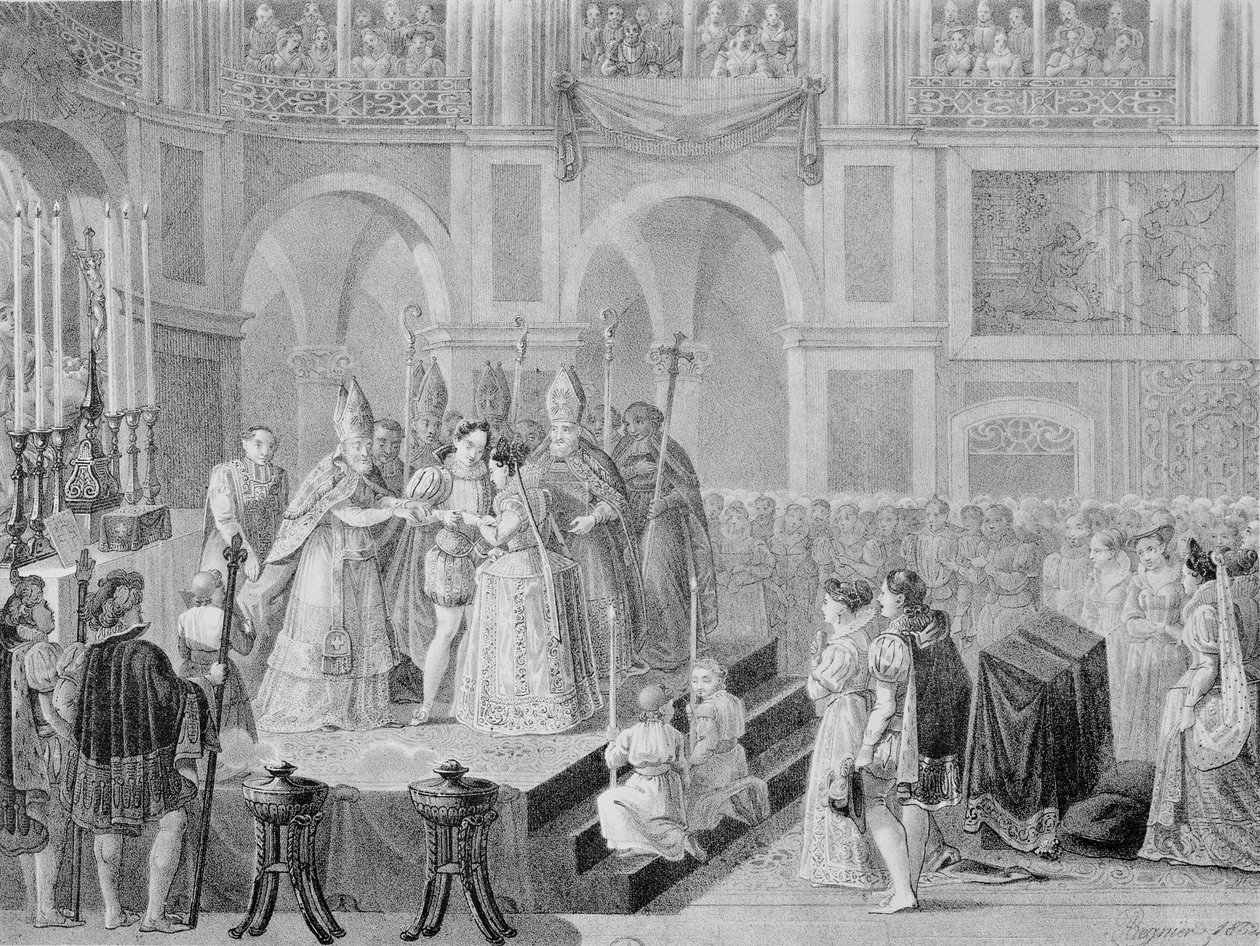 Henri III (1553-1610) és a francia Marguerite (1553-1615) házassága 1572-ben, 1832 alkotó: A. Regnier