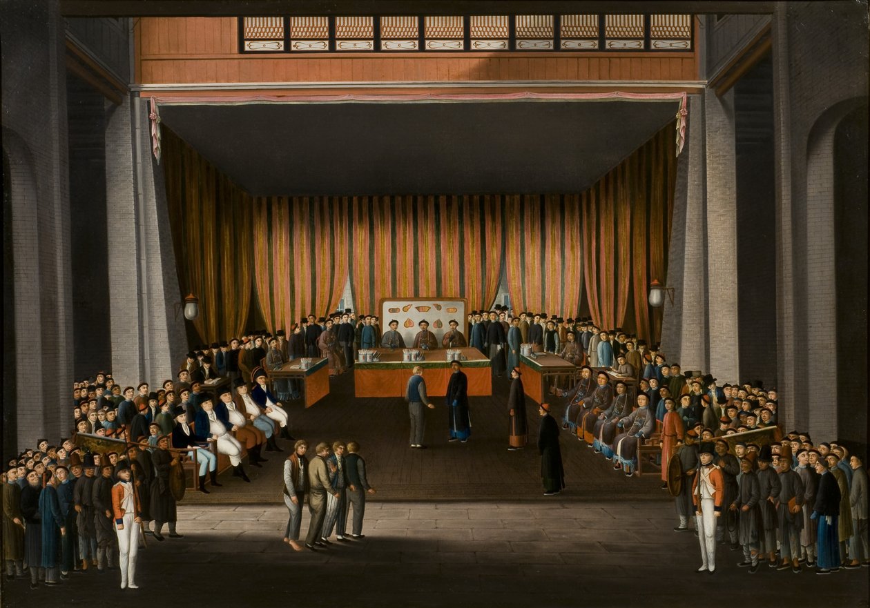 Kínai Bíróság a kantoni brit gyár csarnokában, 1807. április 9., 1810 körül (olaj, papír) alkotó: A. Roland Knight