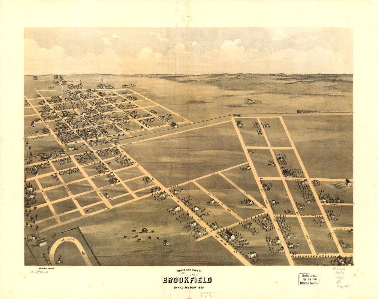 Brookfield madártávlatból, Linn Co., Missouri 1869. LOC 73693470 alkotó: A. Ruger