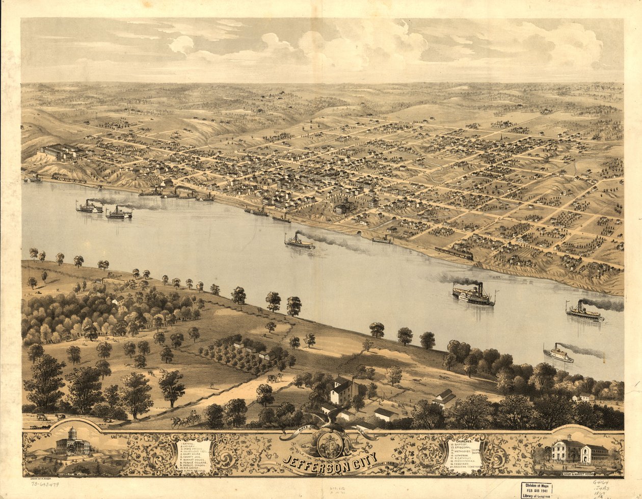 Jefferson City, Missouri fővárosa madártávlatból 1869. LOC 73693479 alkotó: A. Ruger