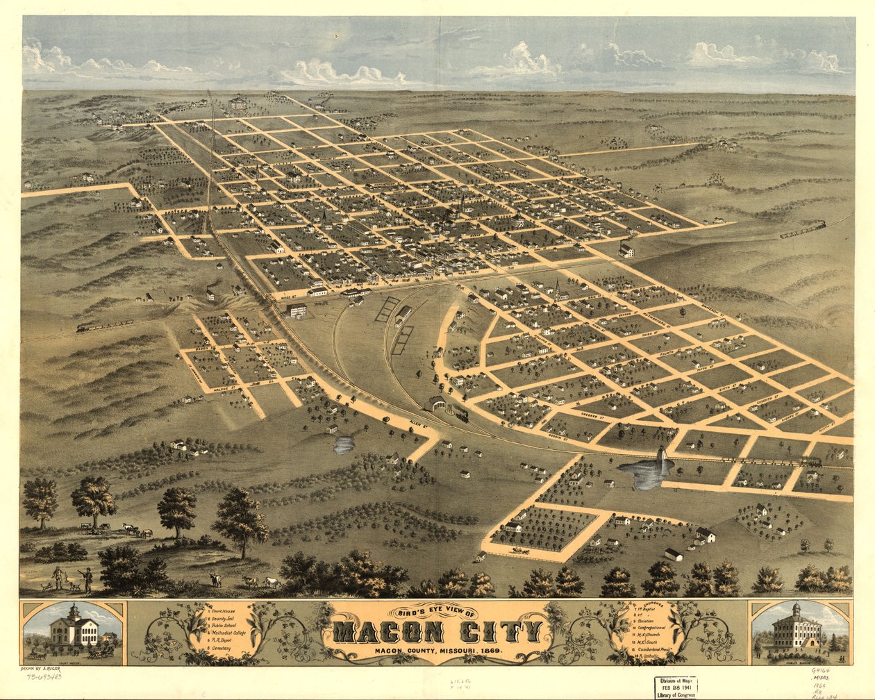 Macon City madártávlatból, Macon megye, Missouri 1869. LOC 73693483 alkotó: A. Ruger