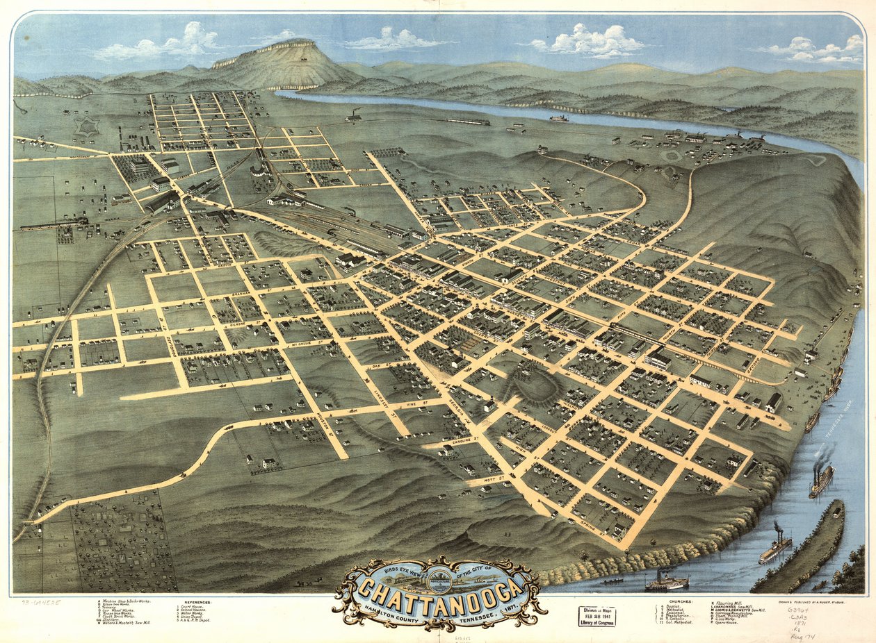 Madártávlati kilátás Chattanooga városára, Hamilton megyében, Tennessee államban 1871. alkotó: A. Ruger