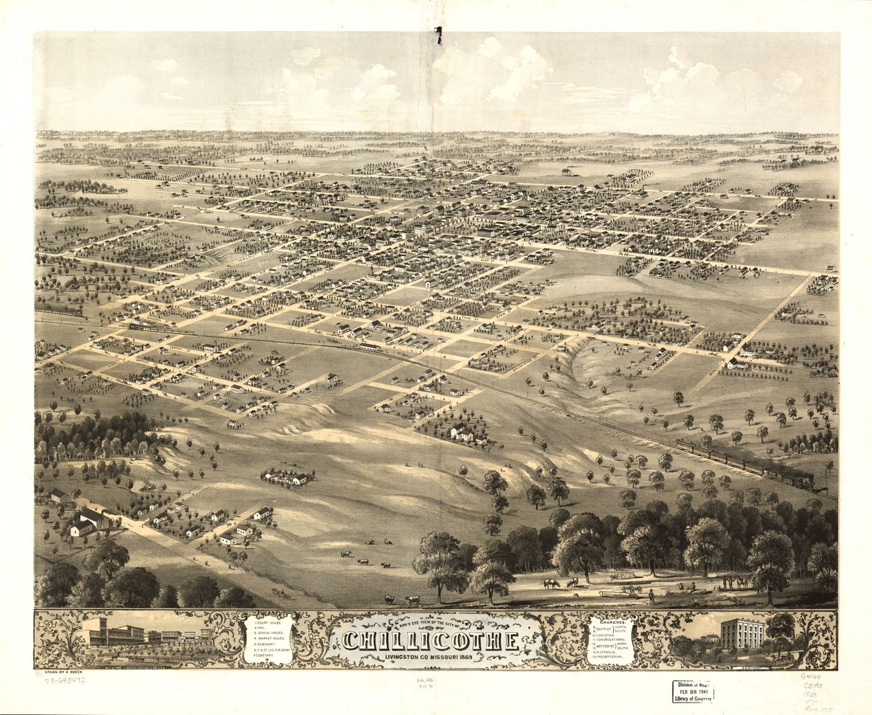Chillicothe városának madártávlati képe, Livingston Co., Missouri 1869. LOC 73693472 alkotó: A. Ruger
