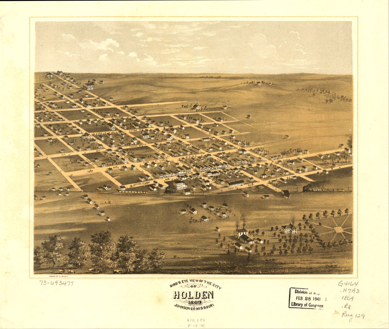Holden városának madártávlati képe, Johnson Co., Missouri 1869. LOC 73693477 alkotó: A. Ruger