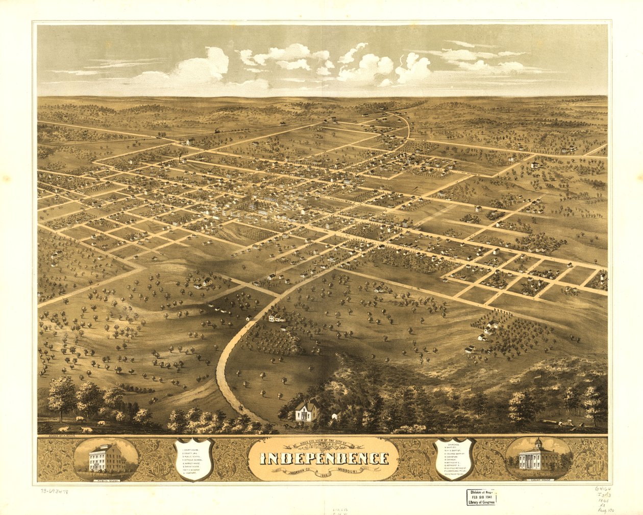 Independence városának madártávlati képe, Jackson Co., Missouri 1868. LOC 73693478 alkotó: A. Ruger