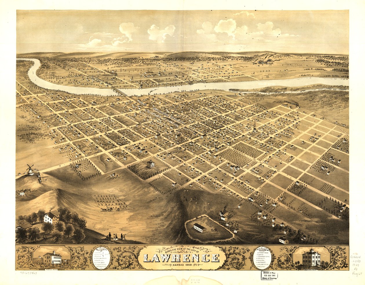 A kansasi Lawrence városának madártávlati képe 1869. LOC 73693409 alkotó: A. Ruger