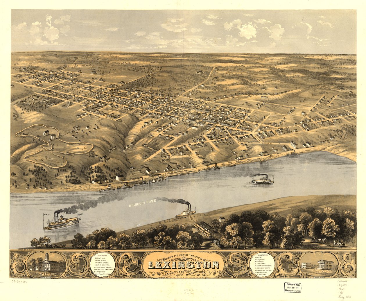 Lexington városának madártávlati képe, Lafayette Co., Missouri 1869. LOC 73693481 alkotó: A. Ruger