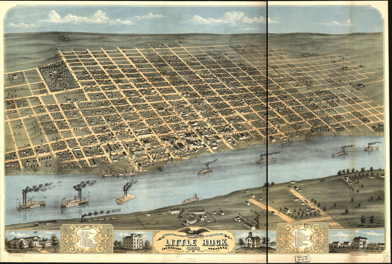 Madártávlatból Little Rock városa, Arkansas fővárosa, 1871. alkotó: A. Ruger