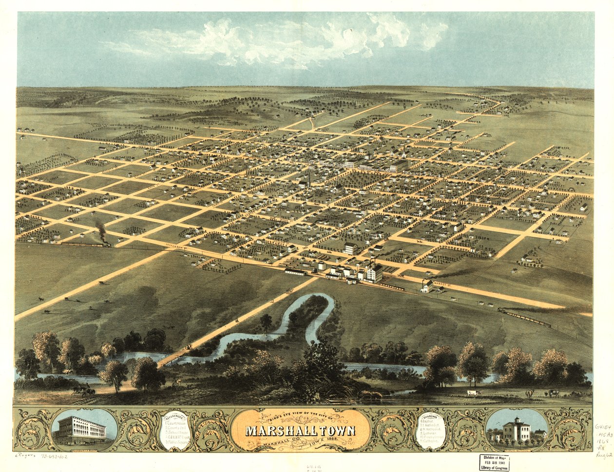 Marshalltown városának madártávlati képe, Marshall Co., Iowa 1868. LOC 73693402 alkotó: A. Ruger