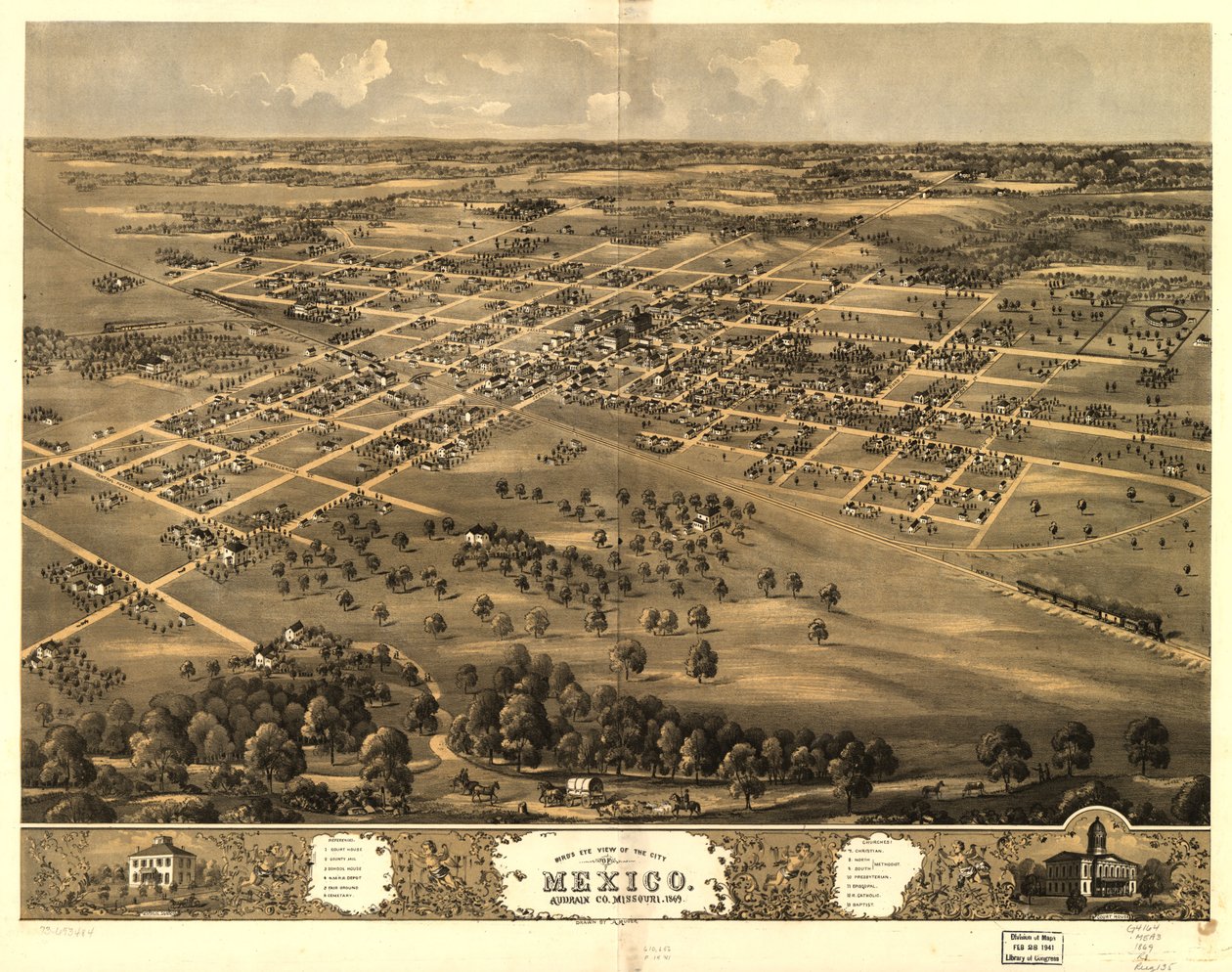 Mexikó városának madártávlati látképe, Audrian Co., Missouri 1869. LOC 73693484 alkotó: A. Ruger