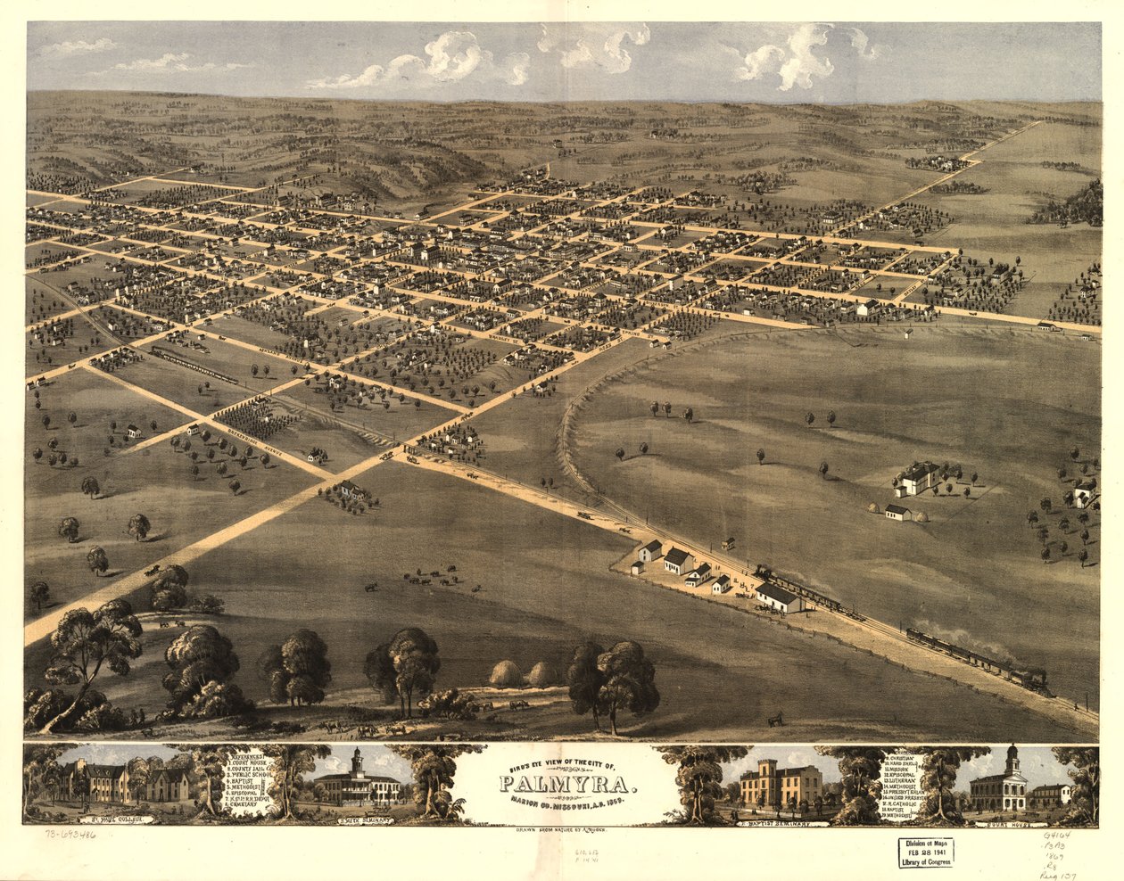 Palmyra városának madártávlati látképe, Marion Co., Missouri, 1869-ben. LOC 73693486 alkotó: A. Ruger