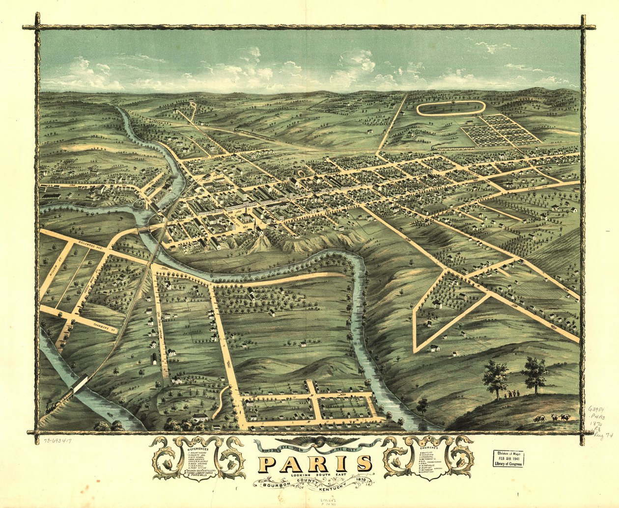 Paris városának madártávlati képe, Bourbon megye, Kentucky 1870. LOC 73693417 alkotó: A. Ruger