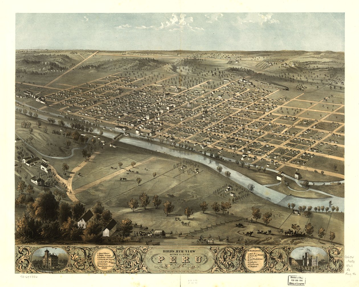Peru városának madártávlati képe, Miami Co., Indiana 1868. LOC 73693386 alkotó: A. Ruger