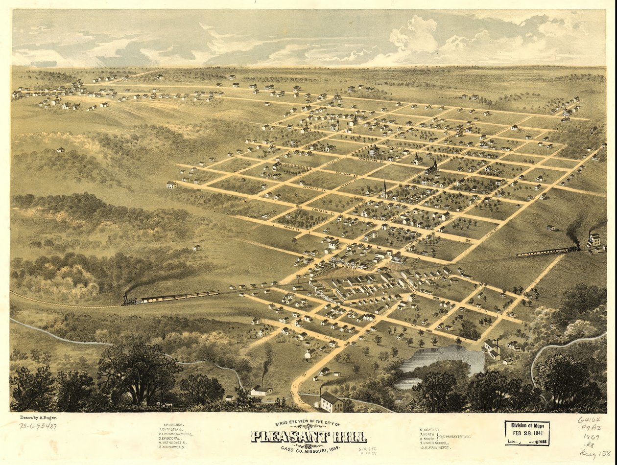 Pleasant Hill városának madártávlati képe, Cass Co., Missouri 1869. LOC 73693487 alkotó: A. Ruger