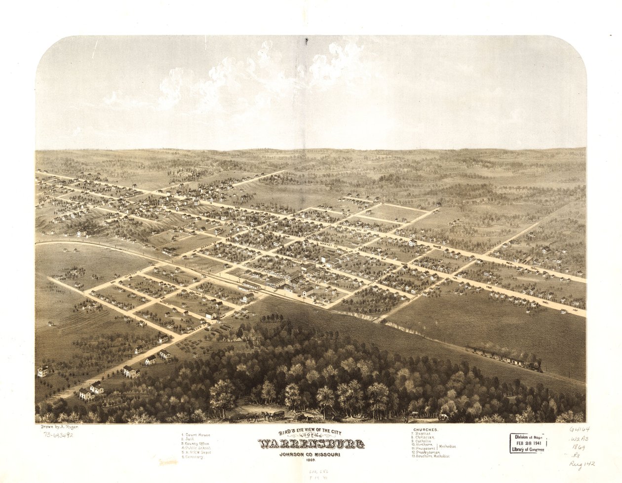 Warrensburg városának madártávlati képe, Johnson Co., Missouri 1869. LOC 73693492 alkotó: A. Ruger