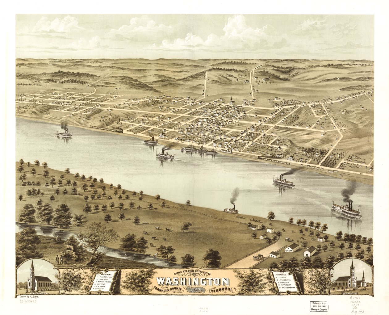 Washington városának madártávlati képe, Franklin megye, Missouri 1869. LOC 73693493 alkotó: A. Ruger