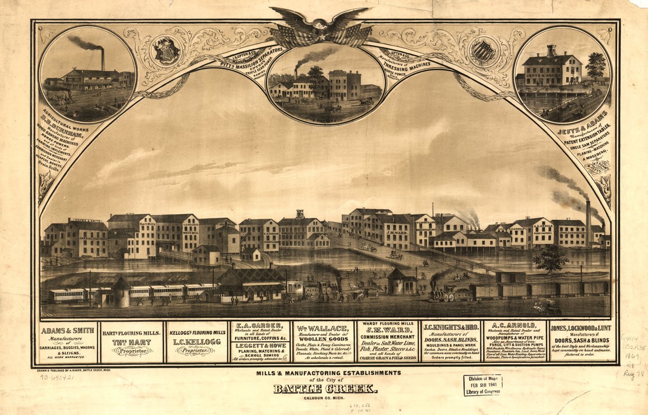 Battle Creek város malmai és feldolgozó üzemei, Calhoun Co., Mich. LOC 73693421 alkotó: A. Ruger