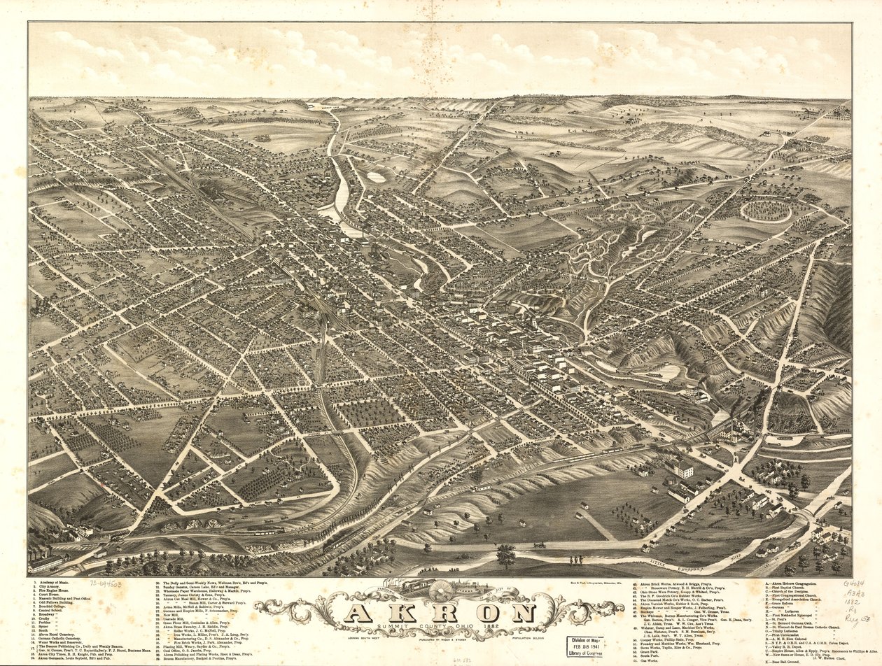 Panorámás kilátás Akron városára, Summit County, Ohio állam 1882 alkotó: A. Ruger Ruger